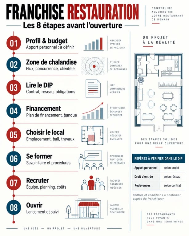 Infographie des étapes et des coûts d'une franchise restauration