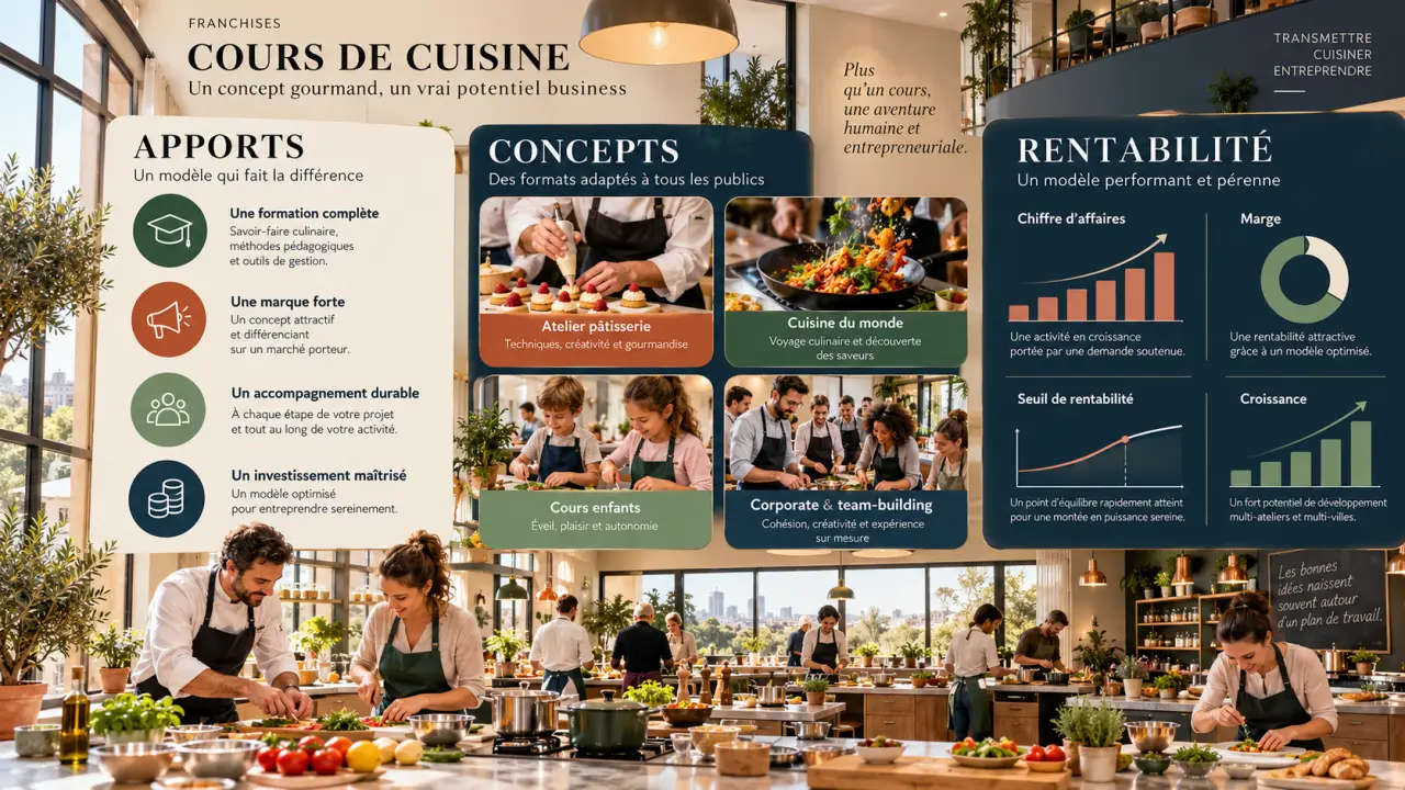 Franchise de cours de cuisine : comparez les apports, les concepts et la rentabilité