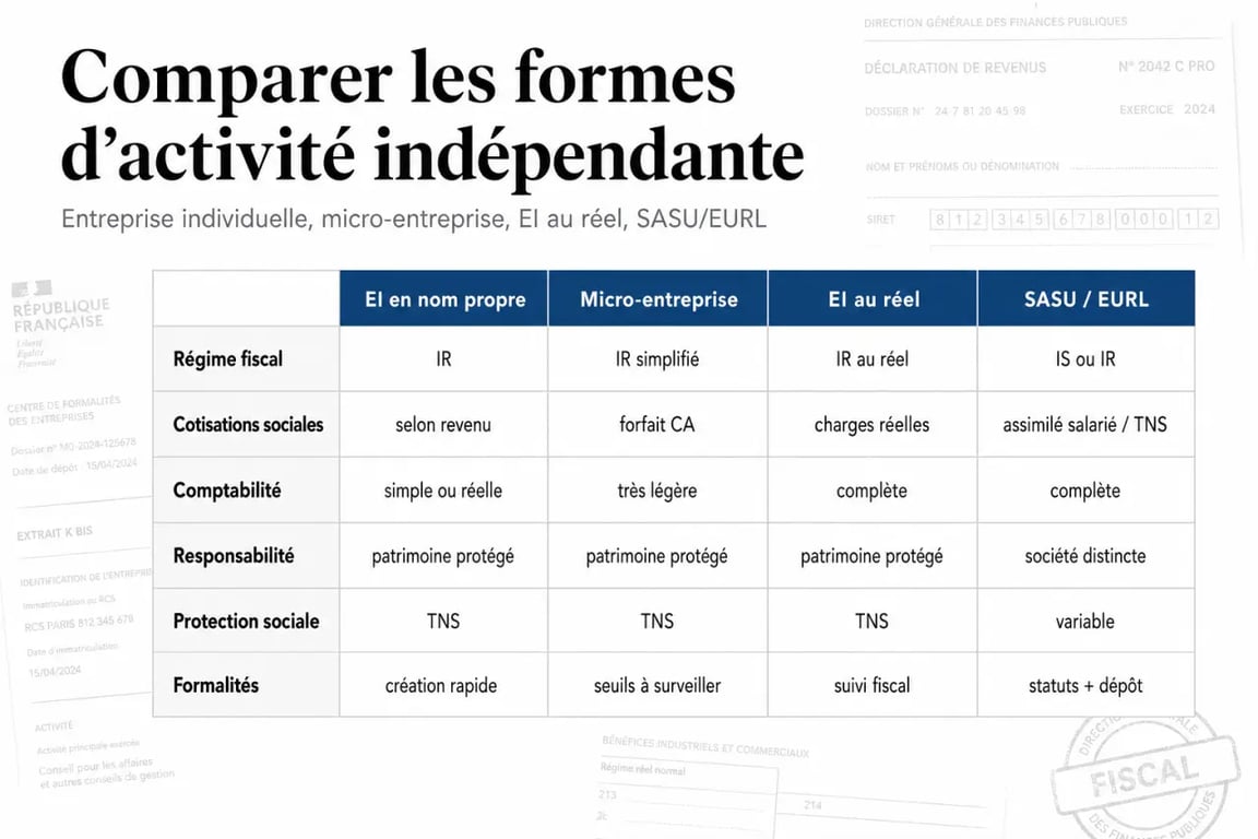 En nom propre entreprise : comparaison visuelle des statuts juridiques, de la fiscalité et des seuils clés