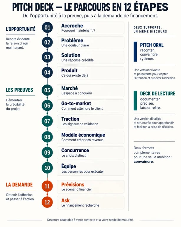 Structure d’un pitch deck investor ready pour une levée de fonds en 12 slides