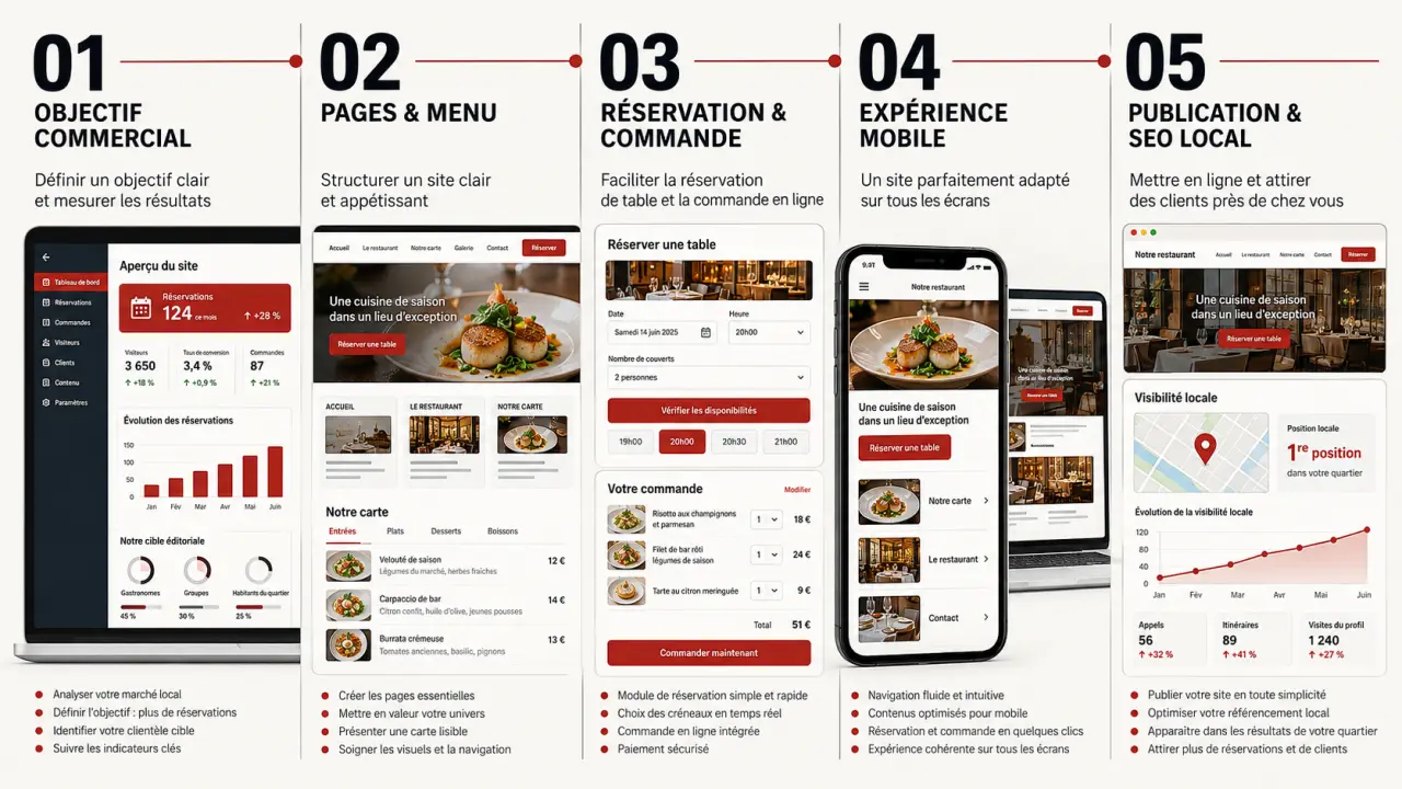 Création site internet restaurant : étapes de conception, réservation, commande et référencement local