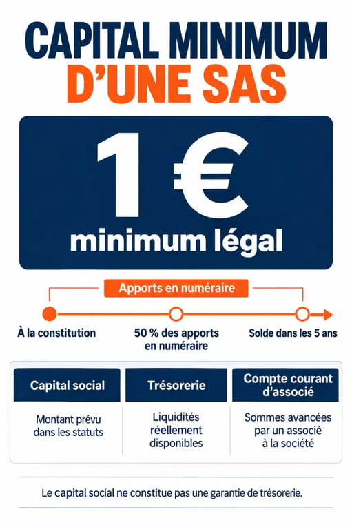 Infographie sur le capital minimum SAS, la libération des apports et la trésorerie