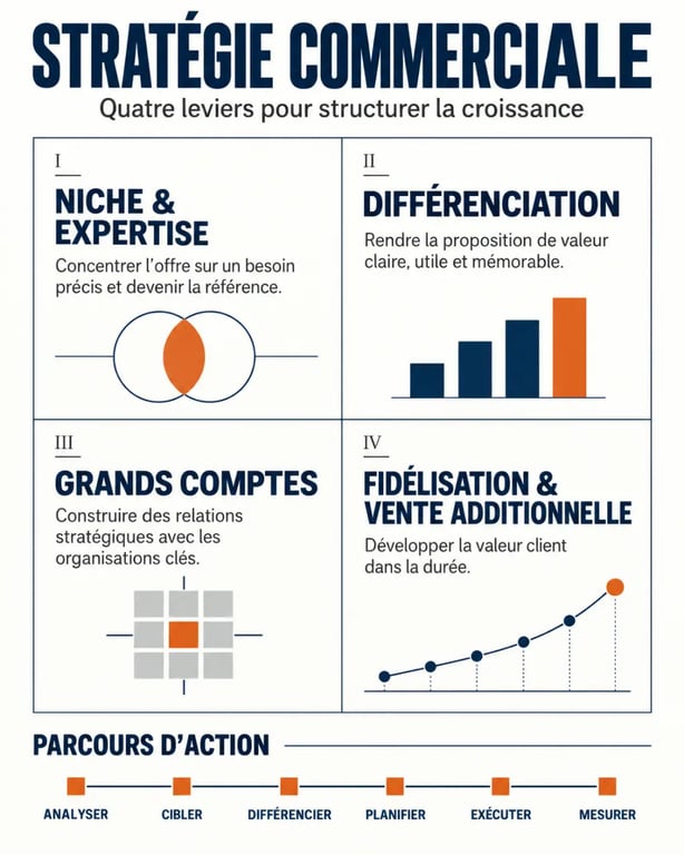 Infographie présentant quatre exemples de stratégie commerciale et les étapes pour construire une stratégie commerciale
