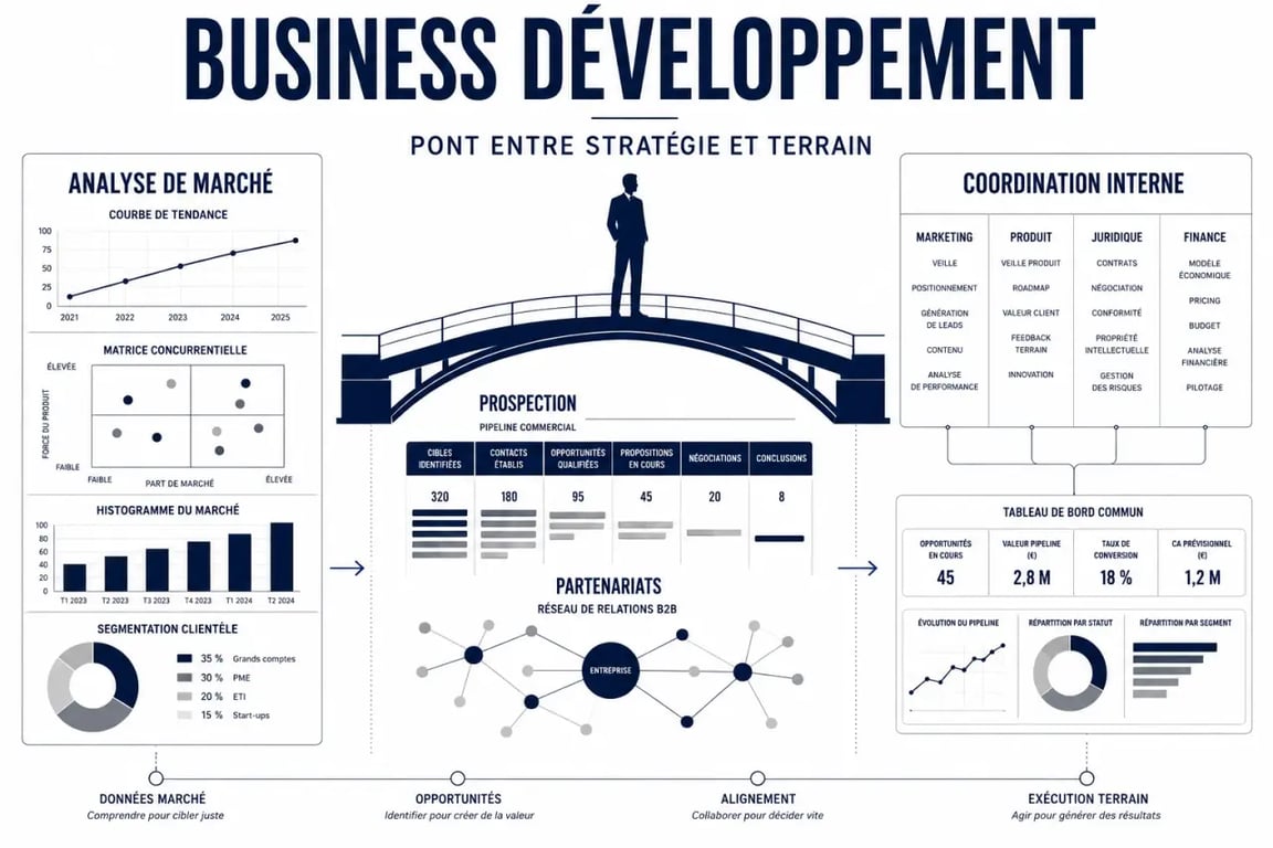 Business développement : schéma éditorial des missions, compétences et outils d’un business developer