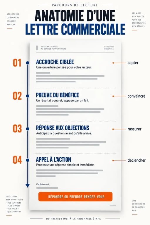 Lettre commerciale exemple structurée en quatre étapes, de l’accroche à l’appel à l’action