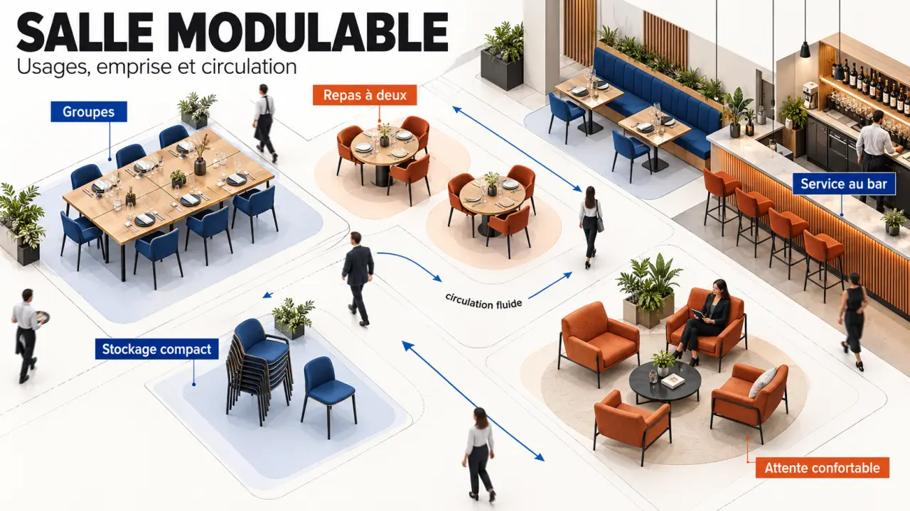 Mobilier professionnel restaurant : chaises, banquette, fauteuils, tables et tabourets dans différentes configurations
