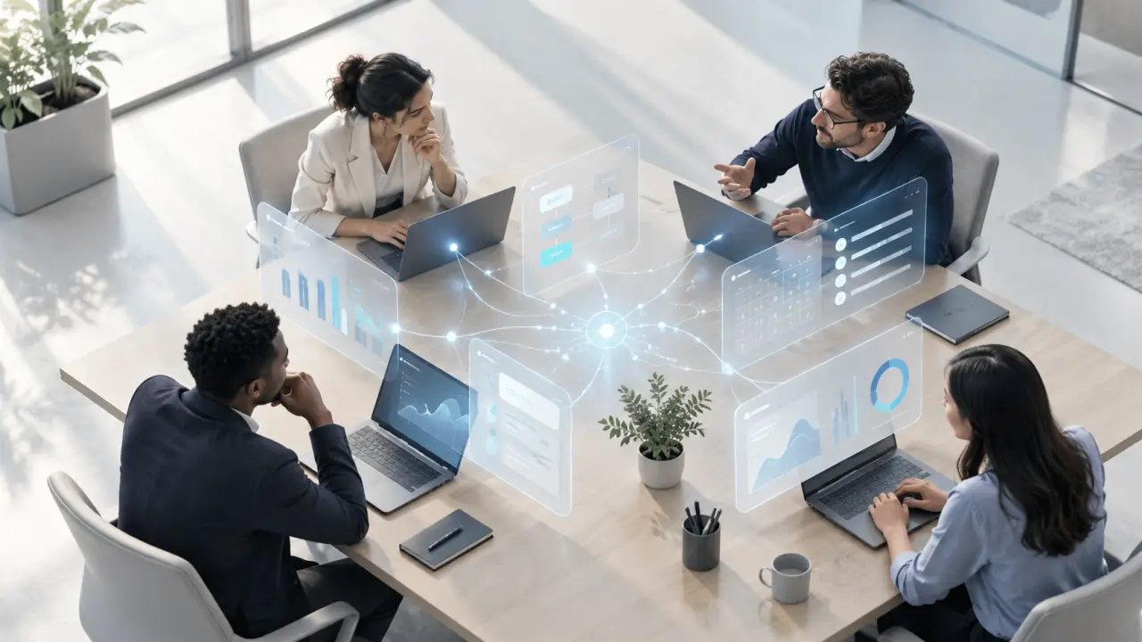 Équipe professionnelle utilisant des outils d'intelligence artificielle dans un bureau moderne