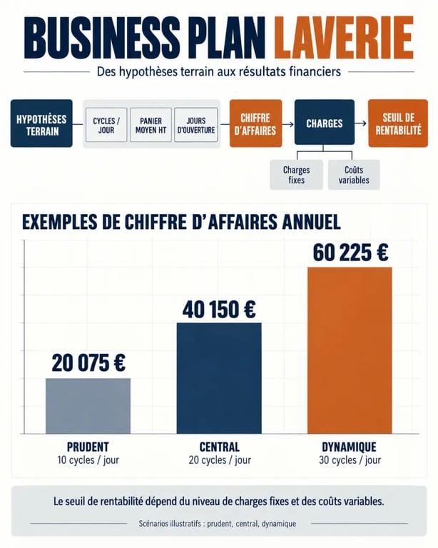Infographie du business plan laverie avec chiffre d’affaires et seuil de rentabilité