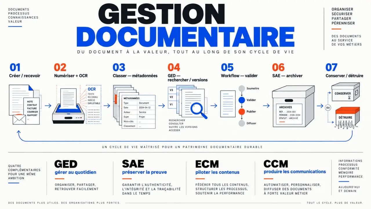 Infographie sur le cycle de vie et les outils de gestion document entreprise, de la GED à l’archivage électronique