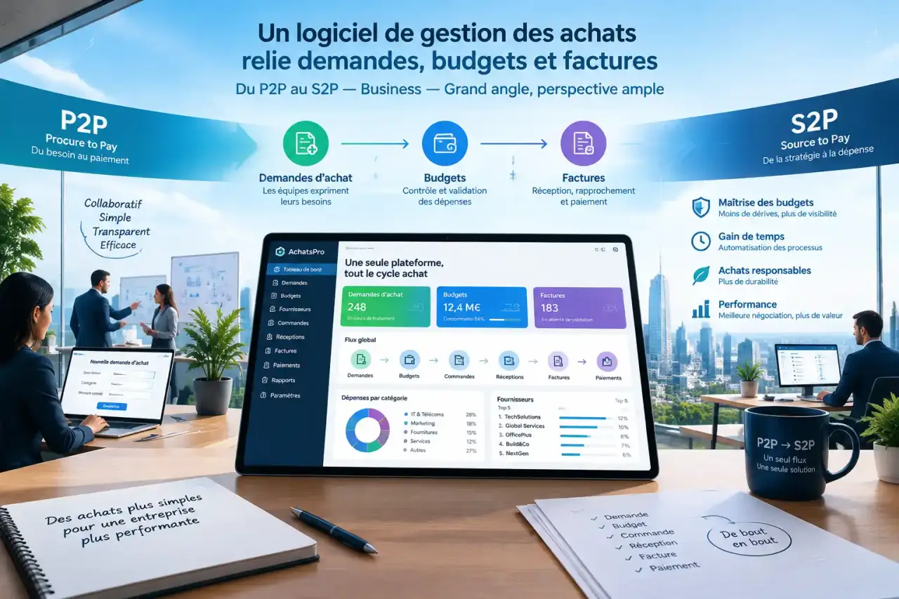 Un logiciel de gestion des achats relie demandes, budgets et factures, du P2P au S2P