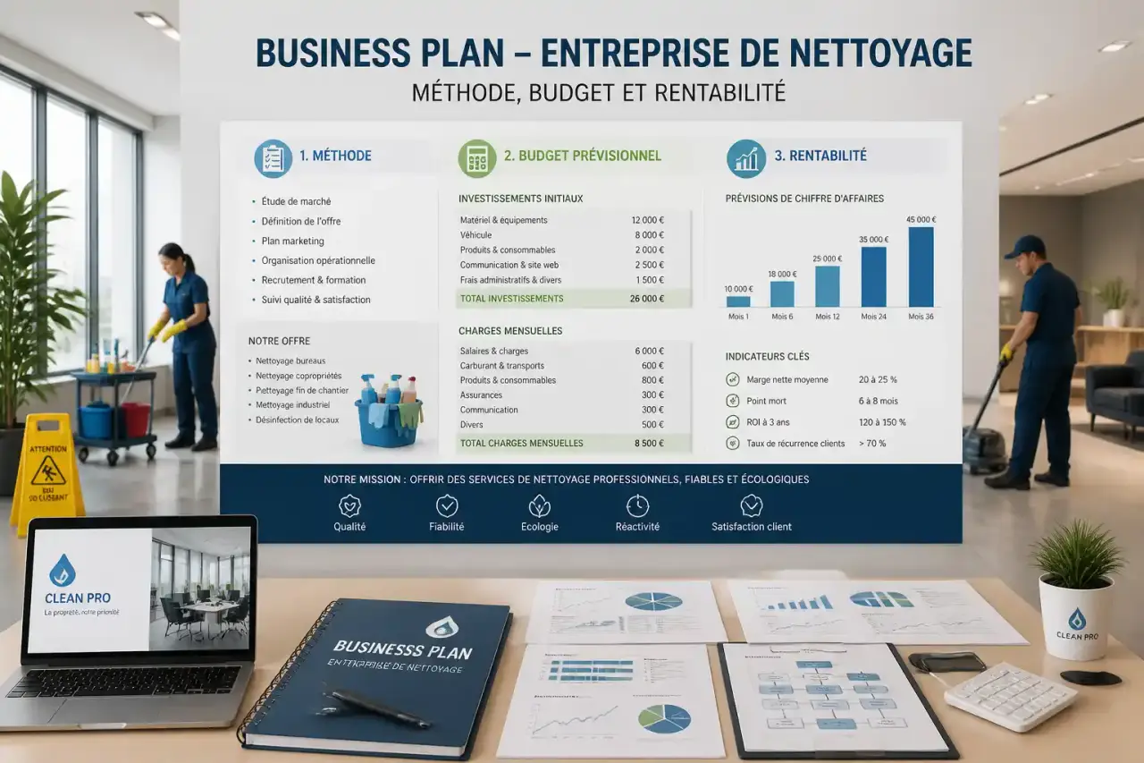 Business plan d'entreprise de nettoyage : méthode, budget et rentabilité