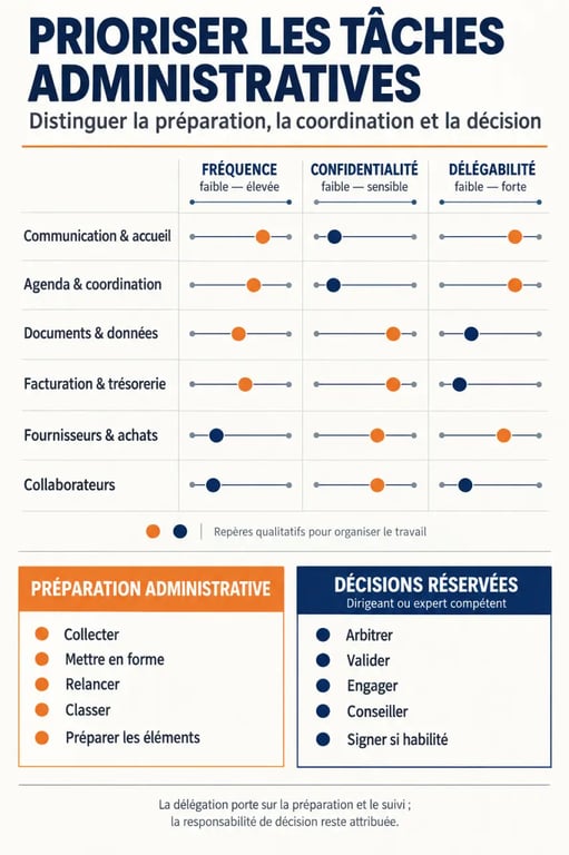 Infographie des tâches administratives en entreprise, classées par catégorie, fréquence, confidentialité et délégabilité