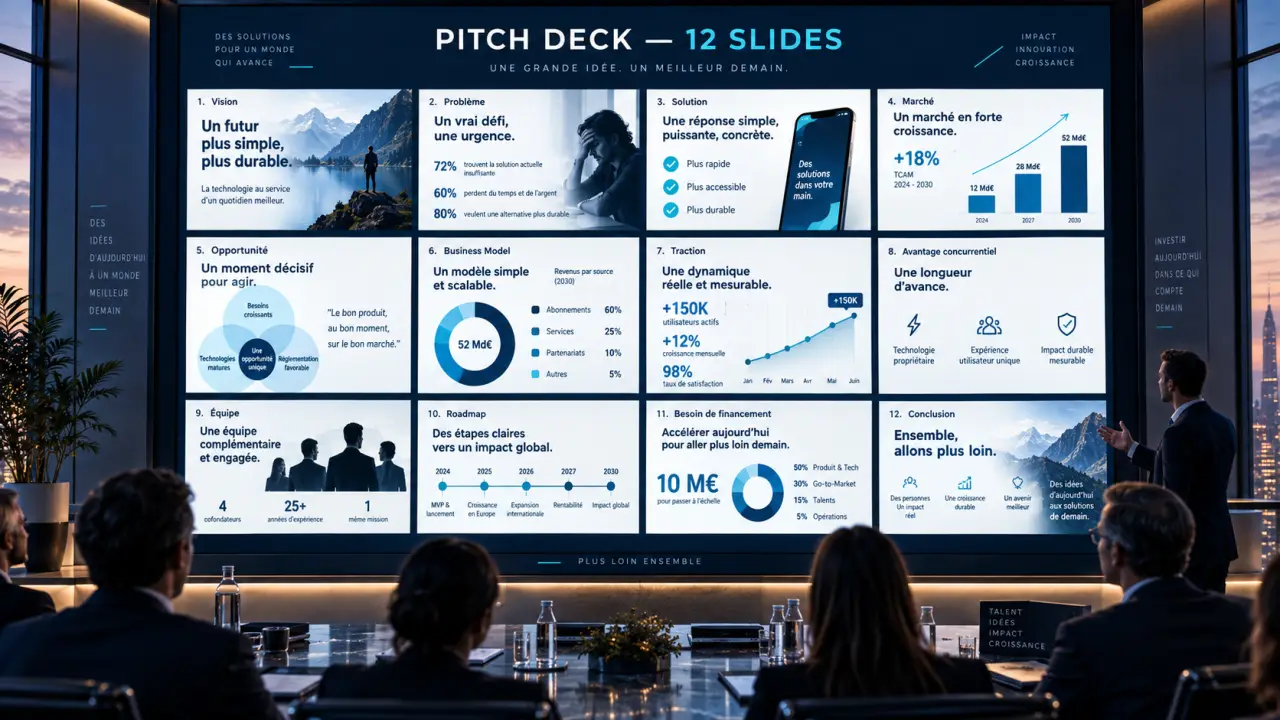 Un pitch deck investor ready se construit en 12 slides, avec des preuves et un plan clair