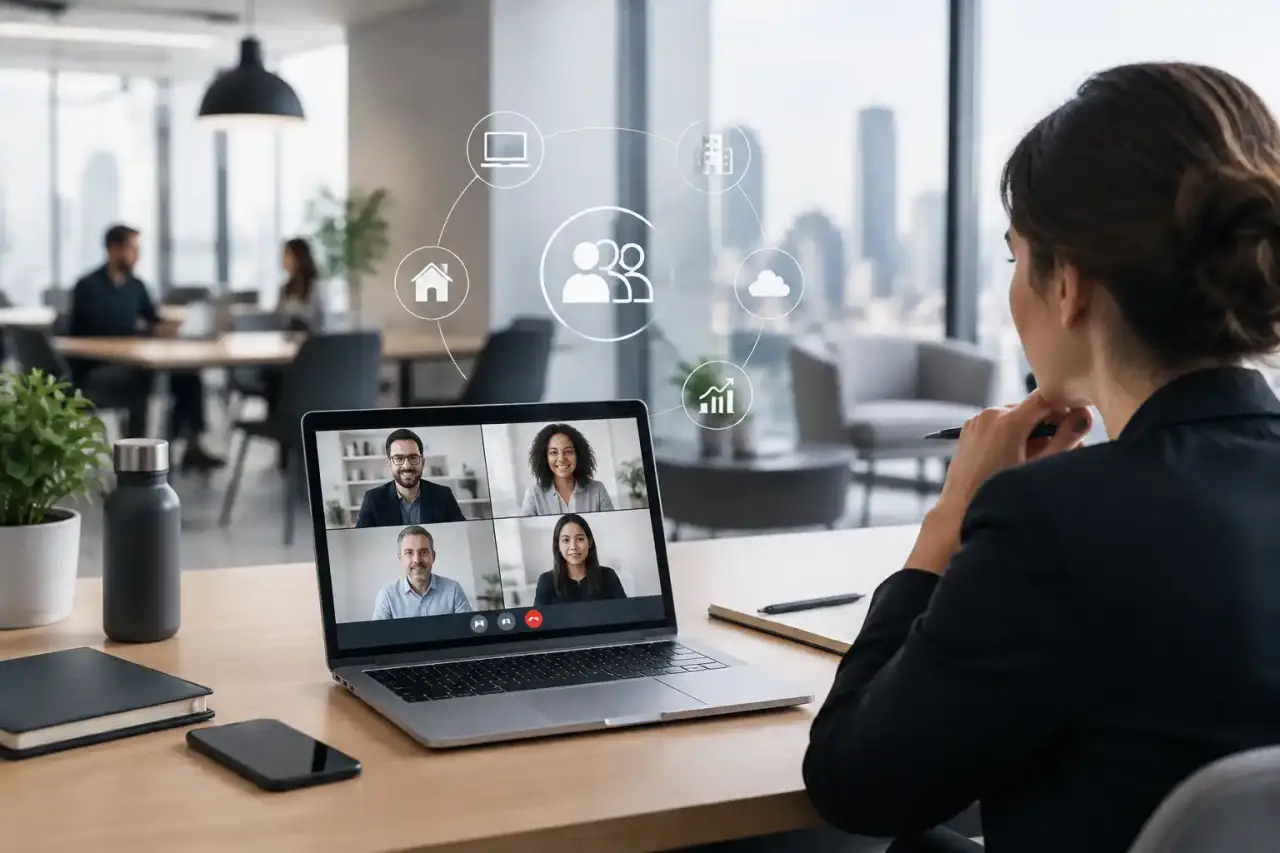 Équipe en réunion dans un environnement de travail hybride et connecté